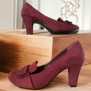 Madeline Stuart Retro Burgundy Faux Suede Slip On Mary Jane Chunky Heel Bowknot